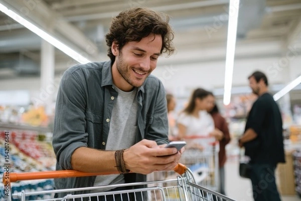 Fototapeta Young man is smiling while using mobile phone in grocery store, leaning on shopping cart. atmosphere is lively with other shoppers in background, creating sense of community and convenience