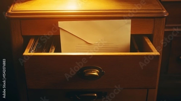 Fototapeta Warm Light Illuminates a Wooden Drawer with An Envelope Inside