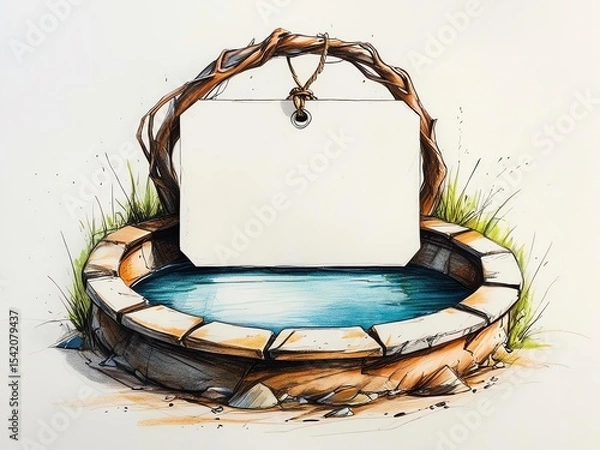 Obraz an empty tag attached to a rustic well with verdant surroundings, blank wishing card design for timeless messages and nature-inspired greetings