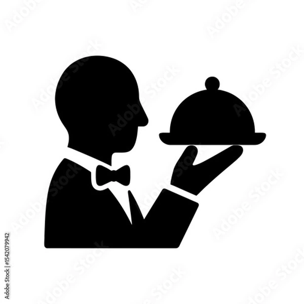 Fototapeta very simple flat and single minimalist Waiter with Dish Silhouettes in black on a white background