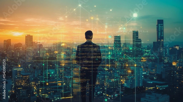 Fototapeta Abstract business man stands on Smart digital Innovation city with connection network reciprocity over the twilight cityscape. of future wireless digital city and social media networking systems