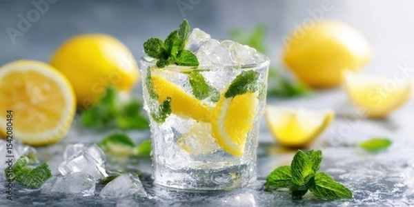 Fototapeta The refreshing glass of lemonade with mint and ice on a sunny day.