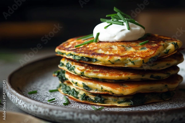 Obraz A stack of spinach and cheese pancakes with a dollop of sour cream and chives on top, served on a speckled ceramic plate.