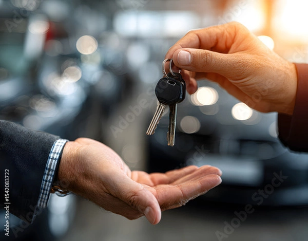 Fototapeta una mano de vendedor de coches en un concesionario entregando la llave de un vehículo nuevo vendido a un cliente
