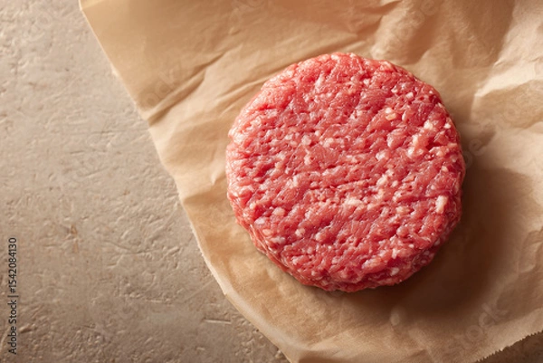 Fototapeta Raw ground beef meat shaped in a circle for burger patty, on wax paper. Kitchen counter background,
