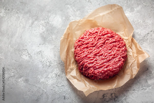 Fototapeta Raw ground beef meat shaped in a circle for burger patty, on wax paper. Kitchen counter background,
