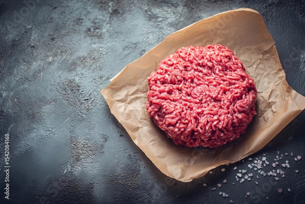 Fototapeta Raw ground beef meat shaped in a circle for burger patty, on wax paper. Kitchen counter background,
