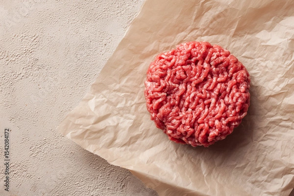 Fototapeta Raw ground beef meat shaped in a circle for burger patty, on wax paper. Kitchen counter background,
