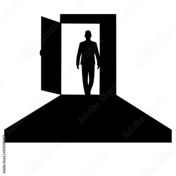 Fototapeta a silhouette of a man walking through an open door, representing business opportunity and success ahead