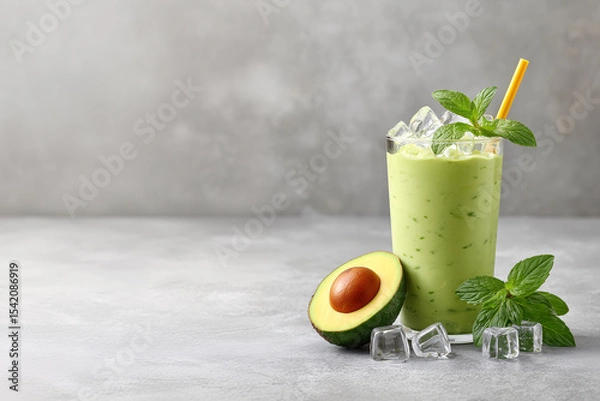 Fototapeta Avocado Smoothie: A refreshing avocado smoothie topped with ice cube and mint sprig, alongside a fresh avocado half, captures the essence of healthy indulgence.