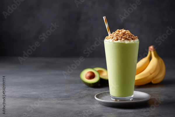 Fototapeta Avocado Banana Smoothie: Creamy avocado banana smoothie topped with granola and whipped cream, served in a tall glass with fresh fruit nearby.