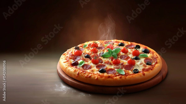 Fototapeta Sizzling Pizza: A close-up shot of a freshly baked pizza, adorned with vibrant toppings and aromatic steam rising. Its golden crust and melted cheese create a mouthwatering display