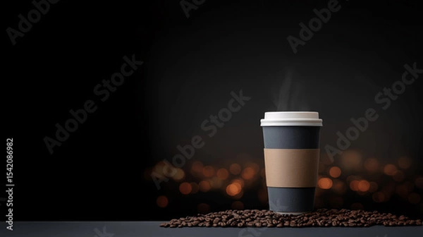 Fototapeta Coffee Cup Serenity: A steaming takeaway coffee cup rests amid a bed of roasted coffee beans, exuding warmth against a sleek, dark backdrop, inviting a moment of tranquil reflection.