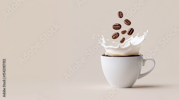 Fototapeta Coffee Symphony: A stunning capture of coffee beans cascade gracefully into a cup, splashing cream in mid-air, with a neutral background that sets a calming and focused mood.