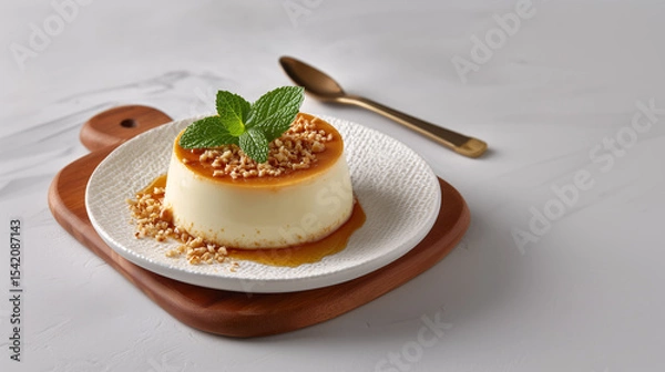 Fototapeta Delectable Dessert Delight: A culinary composition showcases a creamy dessert garnished with a sprig of fresh mint, meticulously placed on a charming wooden serving board.