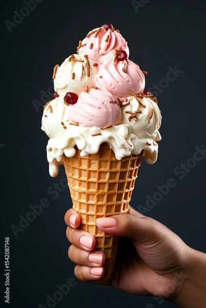 Obraz A hand holding ice cream cone on black background.