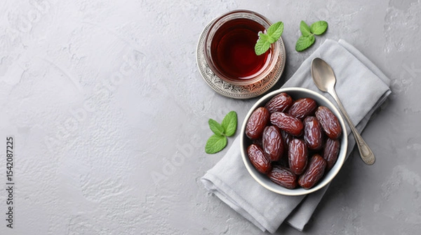 Fototapeta Dates and Tea: A bowl of succulent dates and a cup of aromatic tea are presented together, creating a scene of simple elegance and serenity.