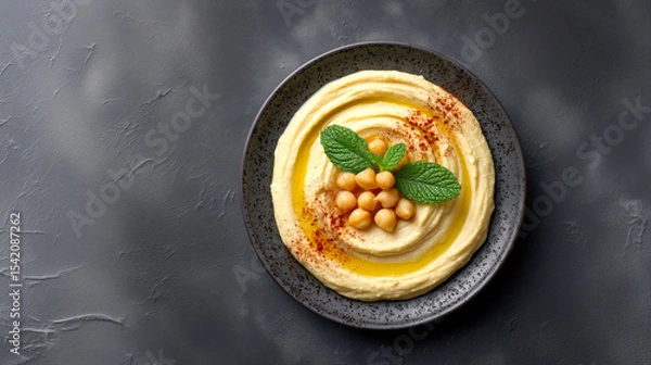 Fototapeta Hummus Platter: A vibrant and appetizing hummus dish, adorned with fresh chickpeas, a drizzle of olive oil, and a sprig of mint, offers a flavorful experience on a textured plate.