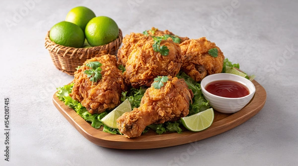 Fototapeta Golden Fried Chicken Feast: A mouthwatering display of golden-brown fried chicken, arranged artistically alongside fresh limes and a basket of limes.
