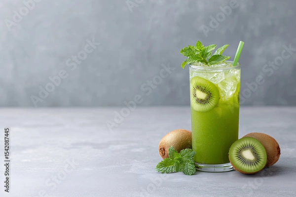 Fototapeta Kiwi Refreshment: A vibrant and refreshing kiwi drink, garnished with fresh mint, sits invitingly on a modern surface, showcasing its natural ingredients and refreshing appeal.