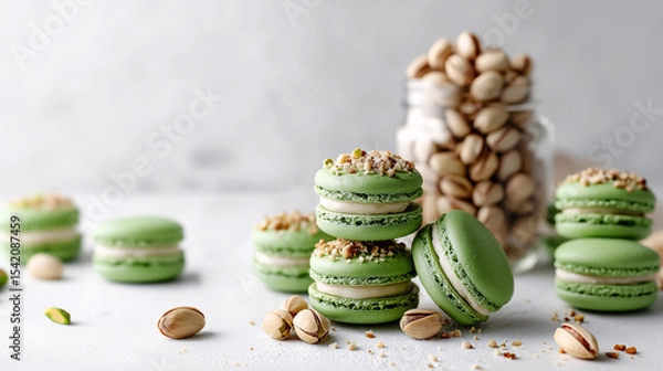 Fototapeta Green Pistachio Macarons: A close-up shot of vibrant green macarons, each adorned with finely chopped pistachios, create a captivating composition alongside a jar filled with whole pistachios.