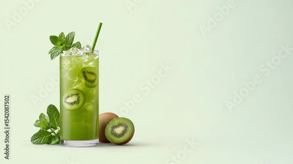 Fototapeta Kiwi Mint Refresher: a vibrant kiwi mint drink in a tall glass. Refreshing drink for your enjoyment. 