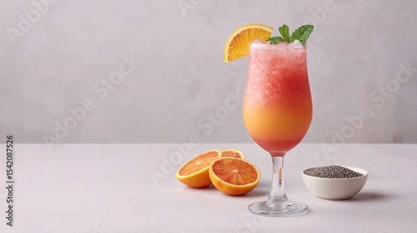 Fototapeta Sunset Sip: A refreshing sunset-colored beverage, artfully presented in a stemmed glass, invites a moment of pure delight, complemented by the freshness of an orange slice.