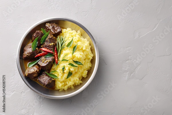 Fototapeta Exquisite Culinary Composition: A vibrant close-up showcases an enticing food arrangement, featuring expertly cooked meat and a fluffy, yellow accompaniment.