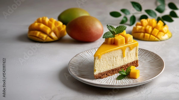 Fototapeta Mango Cheesecake Delight: A slice of heavenly mango cheesecake, adorned with ripe mango cubes and mint leaves, is presented on an elegantly patterned plate, a gourmet experience.