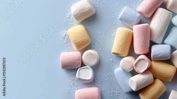 Fototapeta Sweet Marshmallow Medley: An appealing medley of fluffy, pastel-colored marshmallows scattered on a light blue surface, inviting the viewer's eye to experience the sweet charm of simple treats.