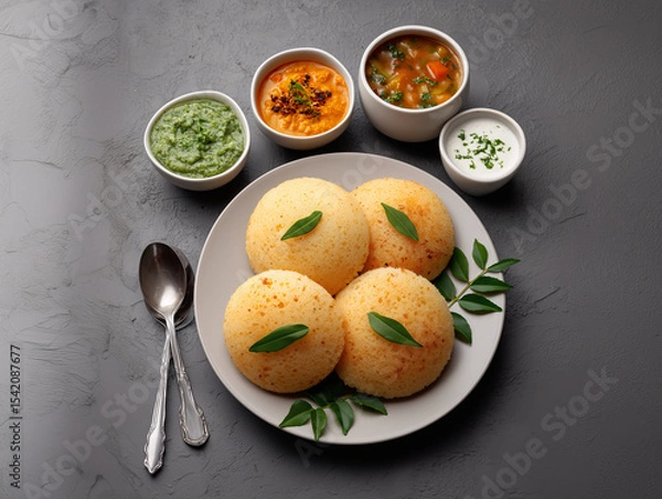 Fototapeta Idli with accompaniments: An appetizing image showcasing the popular South Indian breakfast, idli, paired with a variety of vibrant and flavorful accompaniments.