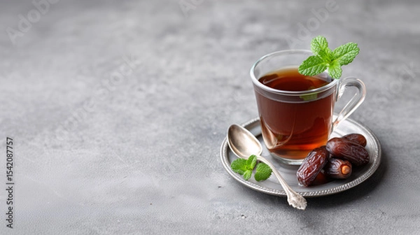 Fototapeta Aromatic Tea and Dates: A clear glass cup of tea, adorned with fresh mint, sits elegantly on a silver saucer beside a handful of dates, inviting you to savor the simple pleasures of life. 