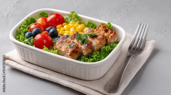 Fototapeta Savory Dish with Fresh Garnishes: a healthy plate featuring savory meat, accompanied by colorful vegetables and grains. The plate sits on a neutral-toned surface.