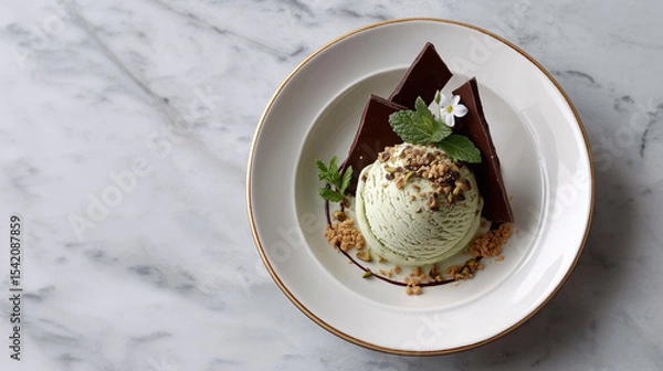 Fototapeta Mint Chocolate Delight: Indulge in a visually stunning dessert with mint ice cream, chocolate, and a touch of nature's elegance. A refreshing treat on a minimalist plate.