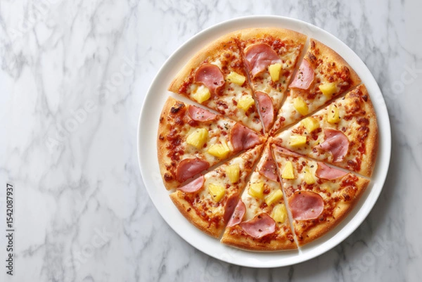 Fototapeta Delicious Hawaiian Pizza: A high-angle shot of a freshly baked Hawaiian pizza, topped with savory ham and sweet pineapple, served on a sleek plate.