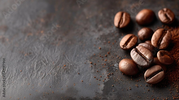Fototapeta Coffee Beans and Grounds: Rich, dark roasted coffee beans and finely ground coffee powder rest on a dark textured surface, suggesting the aroma and taste of freshly brewed coffee. 