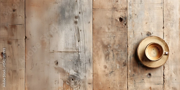 Fototapeta Rustic Coffee Moment: A serene coffee cup rests upon a weathered wooden surface, inviting a moment of tranquility and contemplation, offering a sensory experience.
