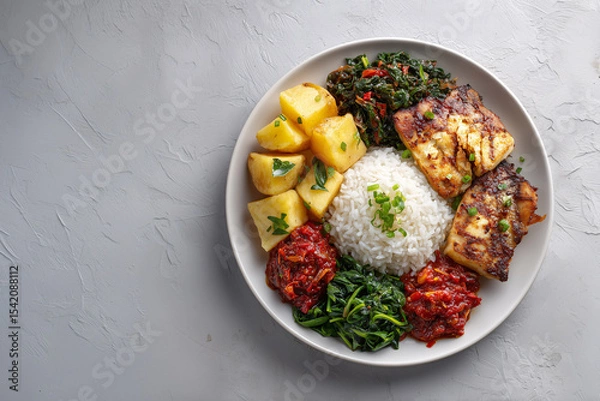 Fototapeta Delicious Platter: A beautifully arranged platter of various foods, featuring perfectly grilled fish, fluffy rice, potatoes and fresh vegetables. It's a culinary delight!