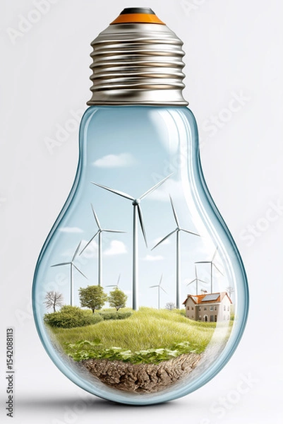 Fototapeta Green Energy Concept in Light Bulb: Inside a light bulb, a miniature, vibrant landscape of rolling green hills and wind turbines comes alive.
