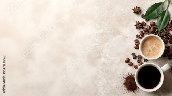 Fototapeta Coffee Break Bliss: Two cups of coffee, one black and one with milk, amidst roasted beans and spices on a textured surface. Inviting pause and simple joy.