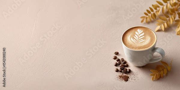 Fototapeta Latte Art Delight: A beautifully crafted latte, adorned with delicate art, sits invitingly alongside coffee beans and a sprig of autumnal leaves on a neutral surface.
