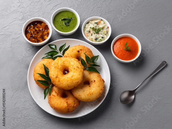 Fototapeta Medu Vada with Chutneys: A delectable plate of crispy Medu Vada, a South Indian savory snack, is presented with an assortment of vibrant chutneys, offering a delightful culinary experience. 