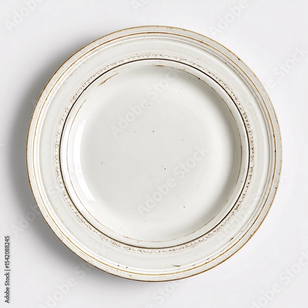 Fototapeta Elegant White Dinner Plate: A pristine white dinner plate, featuring delicate gold detailing and subtly textured rim, offers a sophisticated and timeless appeal for any dining occasion. 