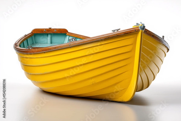 Fototapeta Yellow Rowboat on Shore: A vibrant, detailed view of a classic yellow rowboat, ready for a tranquil journey across the water, showcasing its beautiful craftsmanship and inviting appeal.