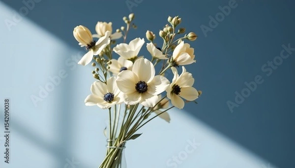 Fototapeta elegant cluster of flax flowers in a minimalist style, with cobalt and pale cream tones, smooth curves, balanced composition, modern aesthetic, high resolution