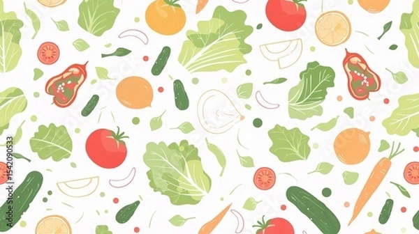 Fototapeta  A flat vector pattern with simple illustrations of vegetables and fruits, on a white background, in bright colors, suitable for a children's art project or digital paper design. 