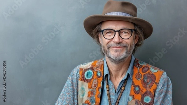 Obraz Stylish middle-aged bearded man wearing glasses and hat smiles warmly in bohemian vest, exuding creative charm and artistic personality