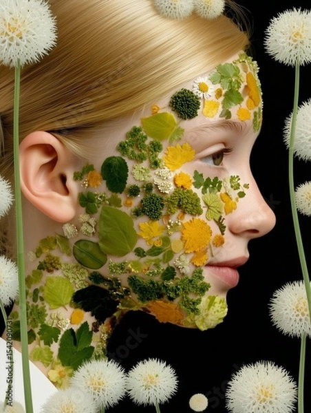 Obraz Nature-inspired portrait of girl with blooming flowers and moss on face, surrounded by dandelions—symbol of harmony and organic beauty