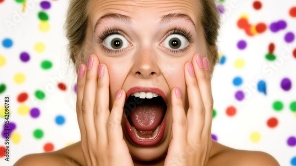 Obraz A surprised person with confetti overlay, expressing joy and excitement.