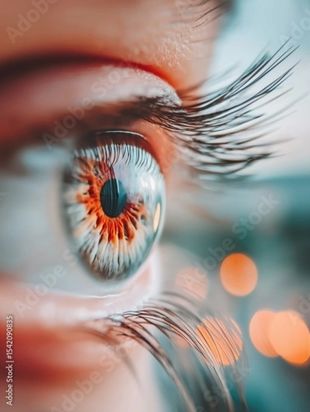 Obraz A detailed close-up of a brown eye showcasing intricate patterns and vibrant colors.